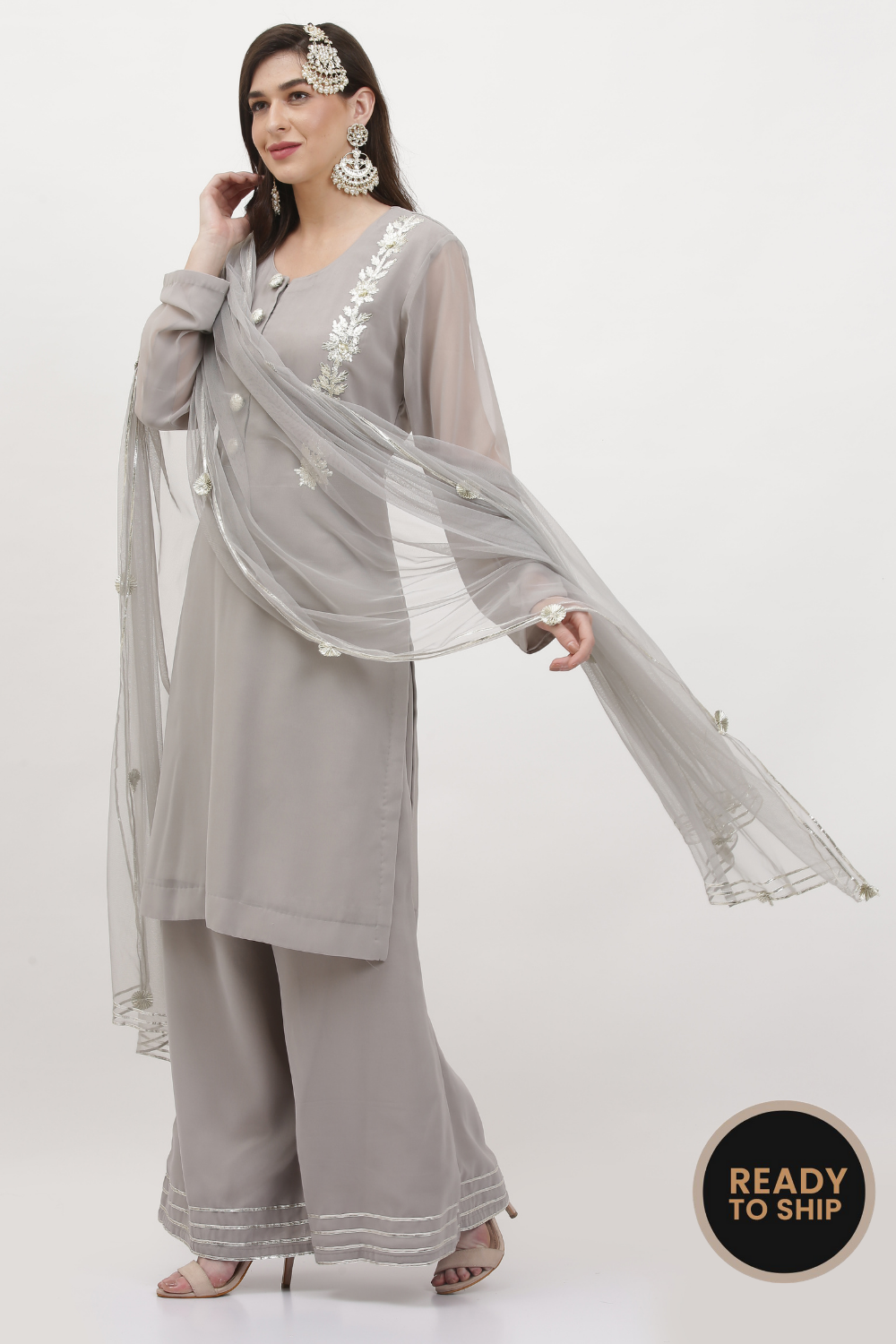 GREY EMBROIDED PLAZZO LADIES SUIT SET