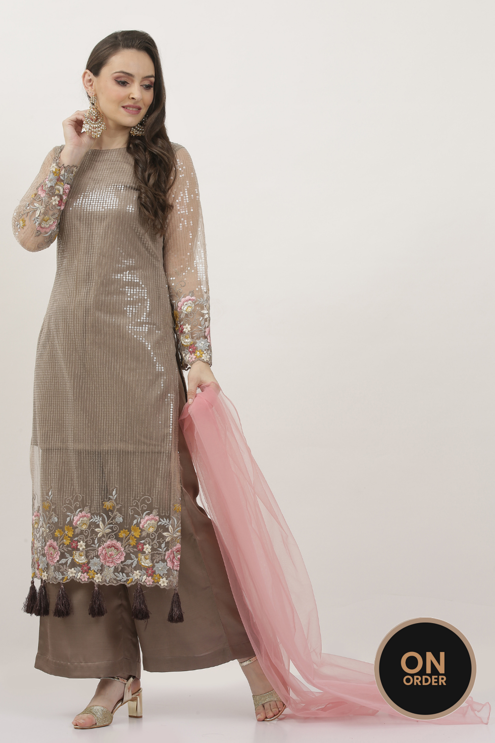 BEIGE SEQUINED RESHAM EMBROIDED SHIRT WITH PALAZZOS