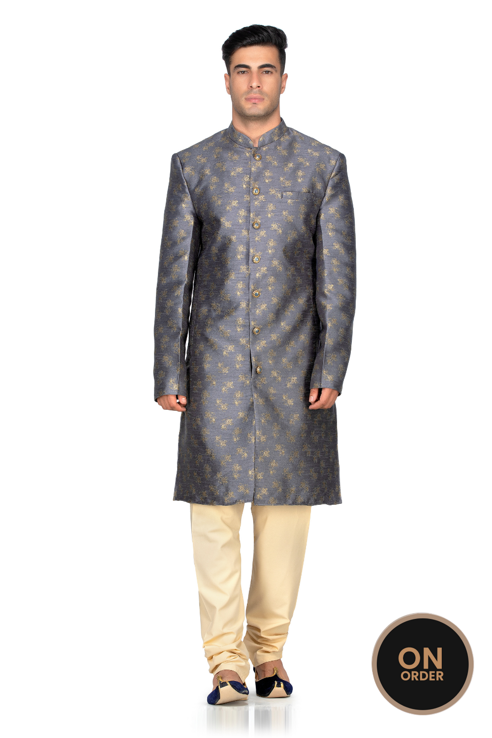 TREND GREY JACQUARD INDO WESTERN WITH GOLD FLOWER PRINT
