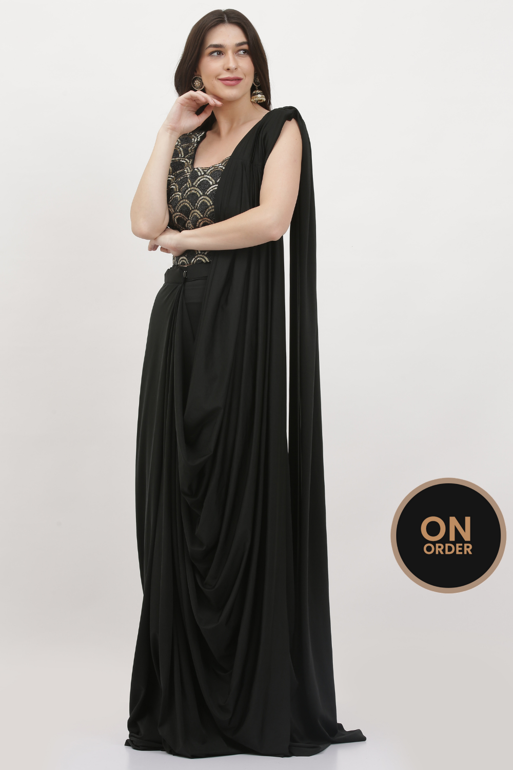 FLOWY GOWN BLACK DRAPE SAREE