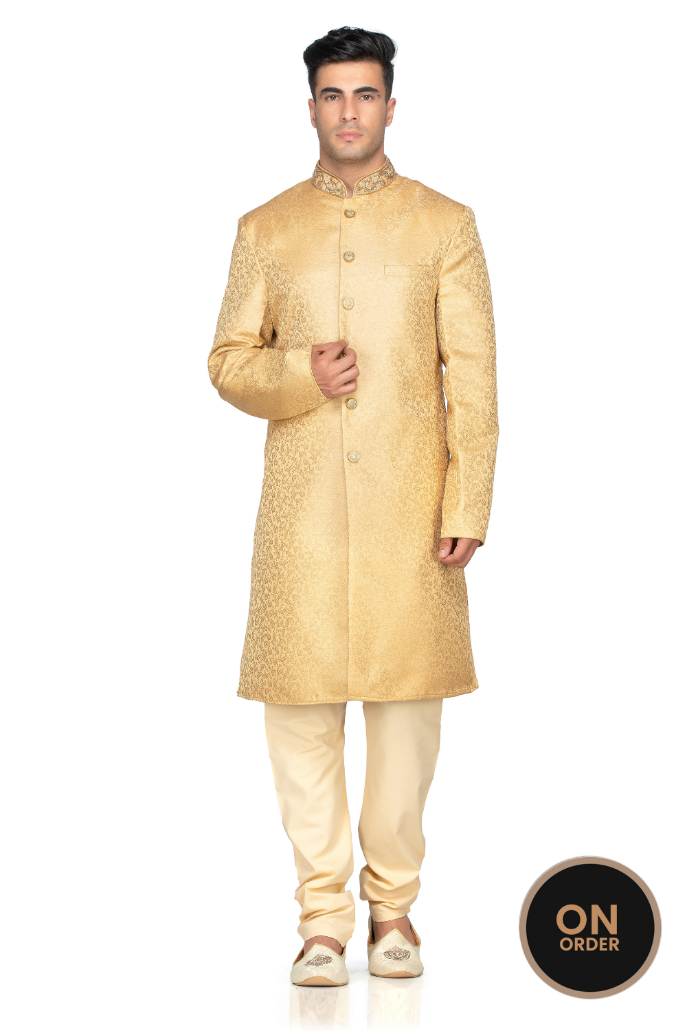 RICH GOLD INDO WESTERN KURTA PAJAMA WITH BAND EMBROIDERY