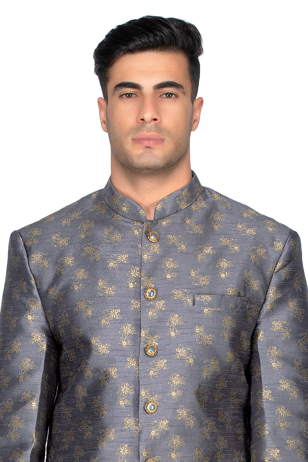 TREND GREY JACQUARD INDO WESTERN WITH GOLD FLOWER PRINT
