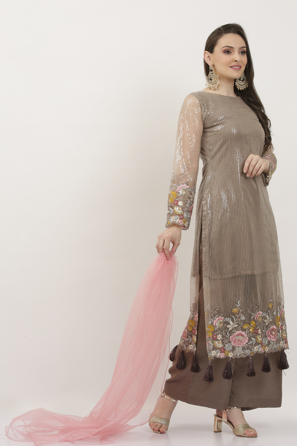 BEIGE SEQUINED RESHAM EMBROIDED SHIRT WITH PALAZZOS