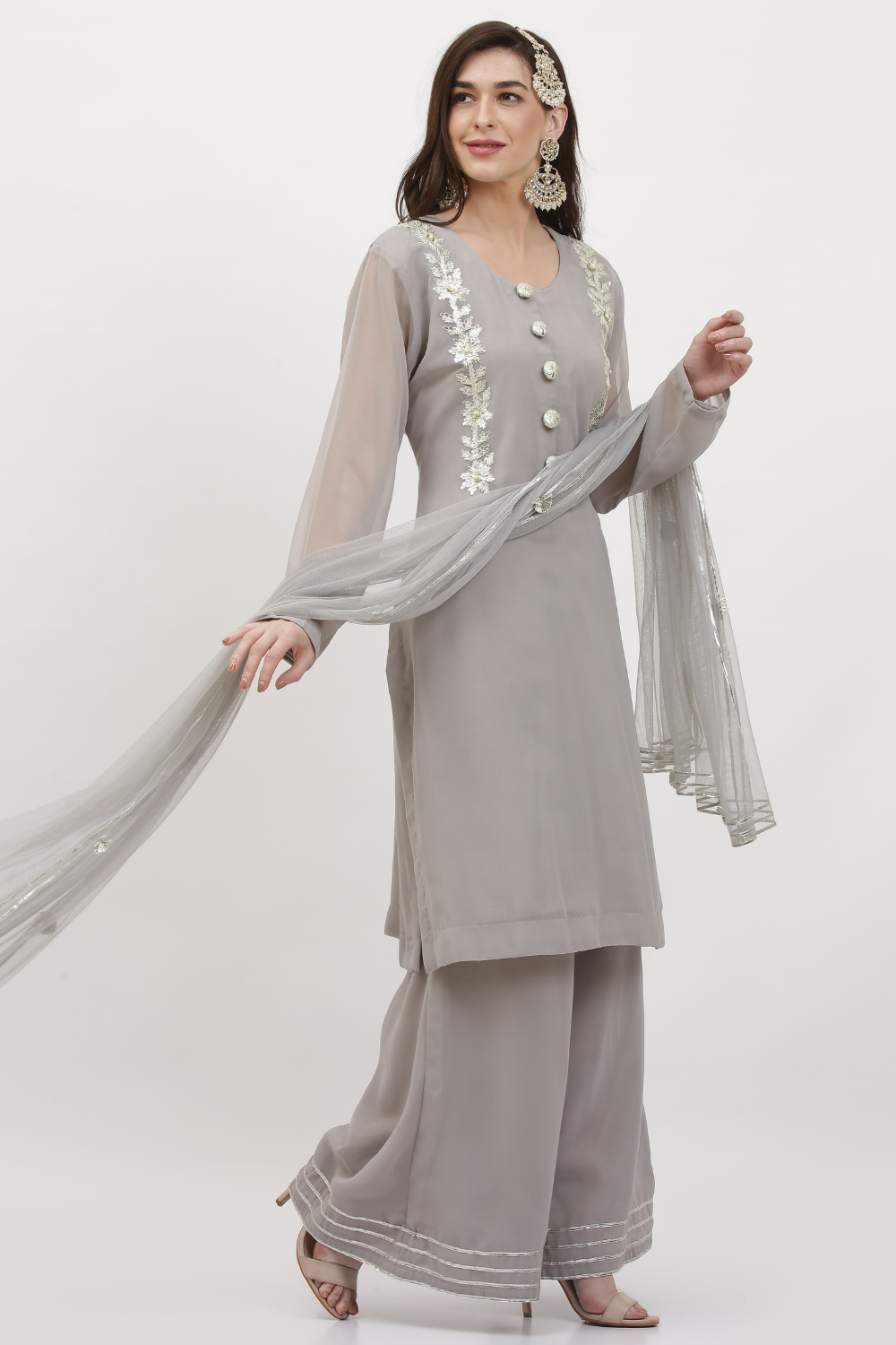 GREY EMBROIDED PLAZZO LADIES SUIT SET