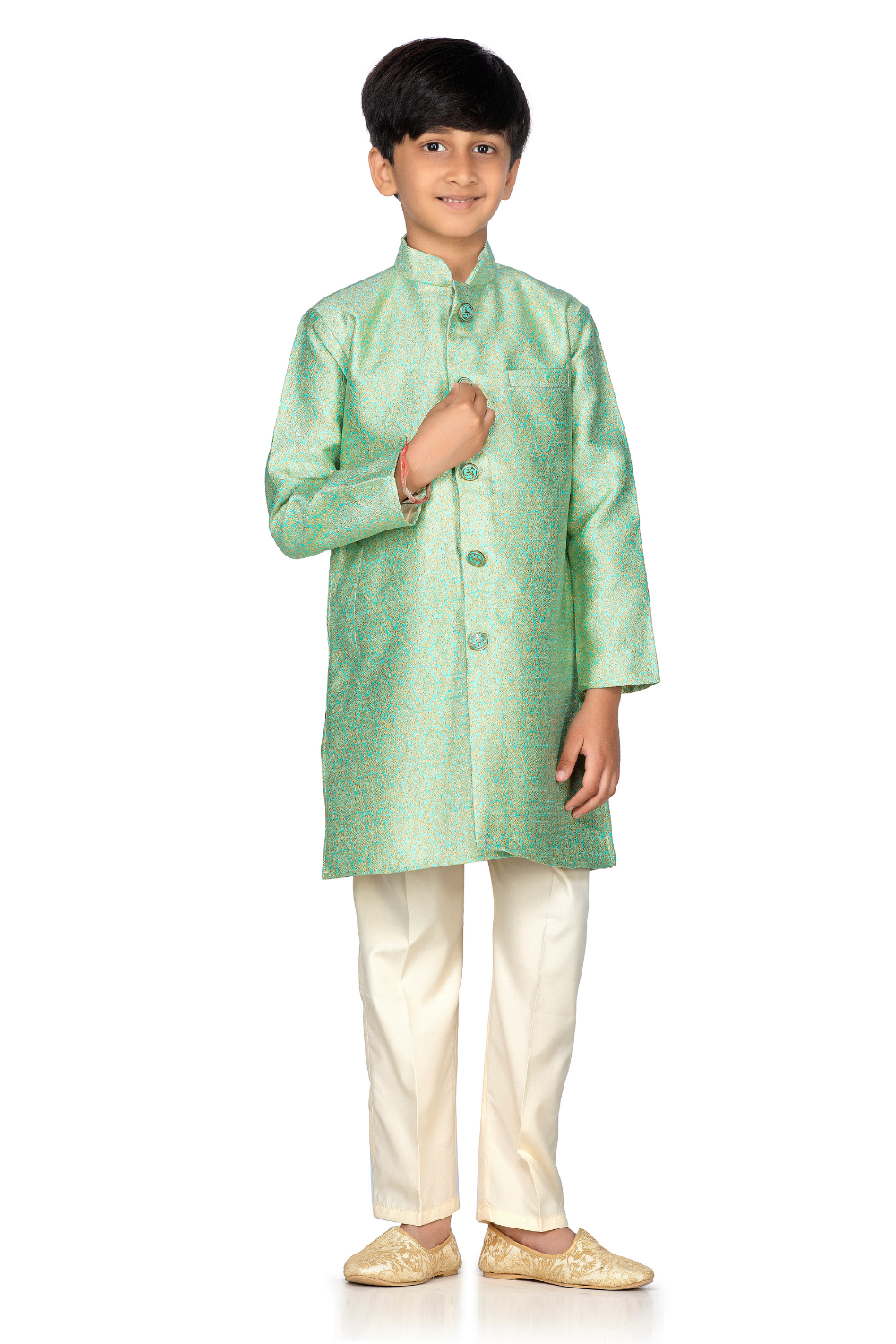 GLORIOUS SEA GREEN AND GOLD FRONT OPEN KURTA