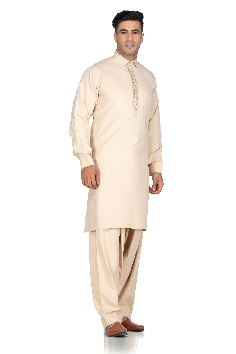 Comortable soft beige kurta salwar with shirt collar