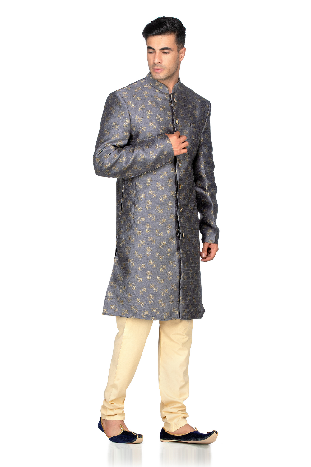 TREND GREY JACQUARD INDO WESTERN WITH GOLD FLOWER PRINT