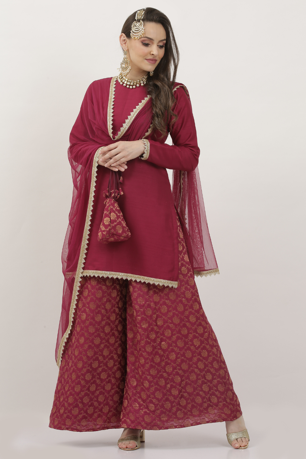 WINE SILK BANARSI SHARARA SET WITH POTLI