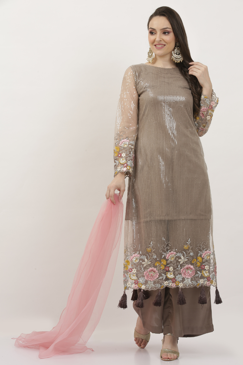BEIGE SEQUINED RESHAM EMBROIDED SHIRT WITH PALAZZOS