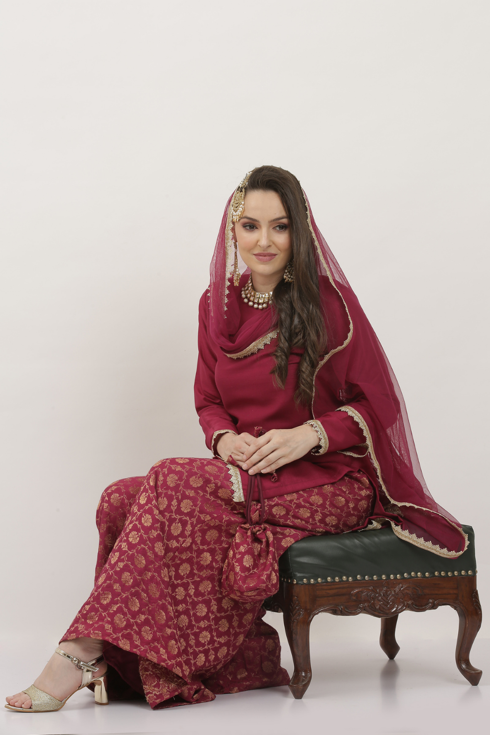 WINE SILK BANARSI SHARARA SET WITH POTLI