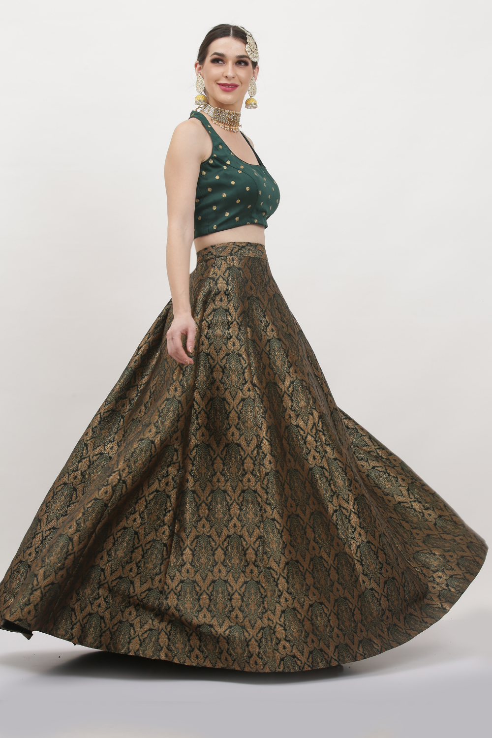 EMERALD GREEN BROCADE LEHENGA SET