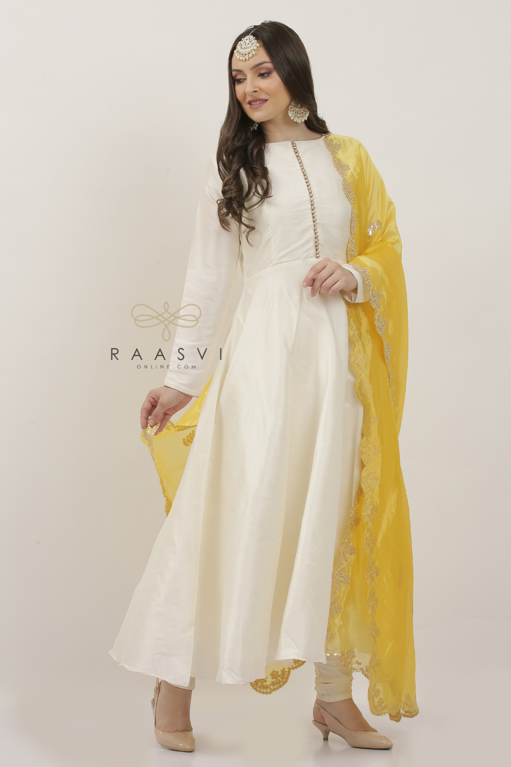 IVORY SILK DRESS SUIT SET WITH CONTRASTING DUPATTA