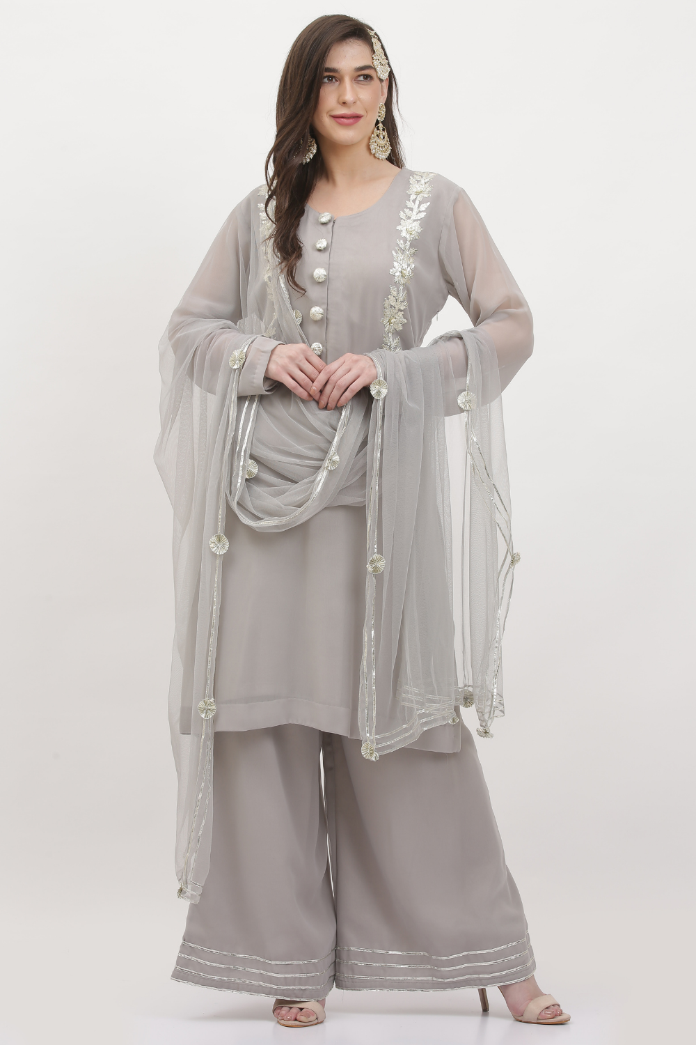 GREY EMBROIDED PLAZZO LADIES SUIT SET