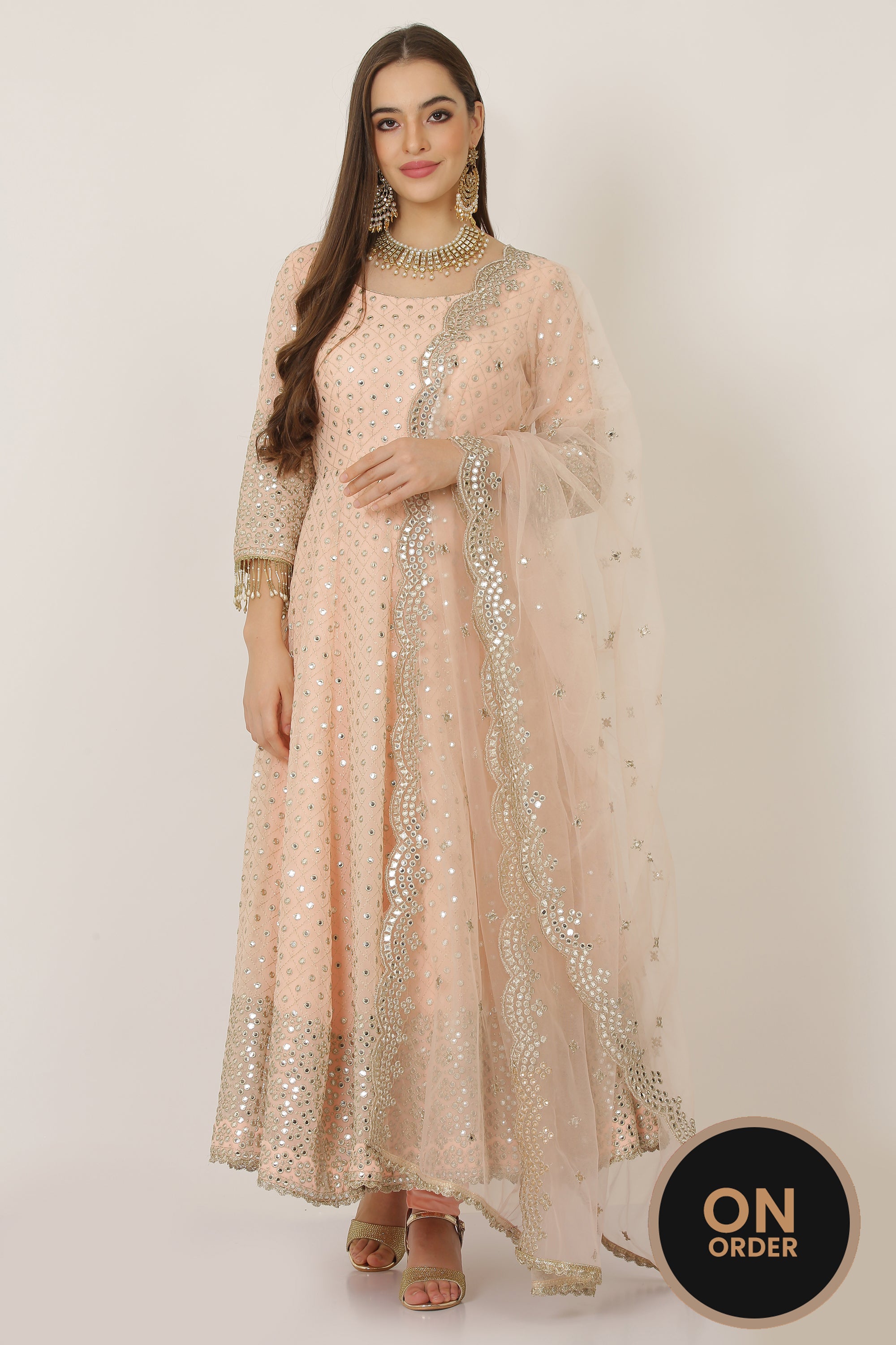 PEACH GOLD MIRROR WORK ANARKALI