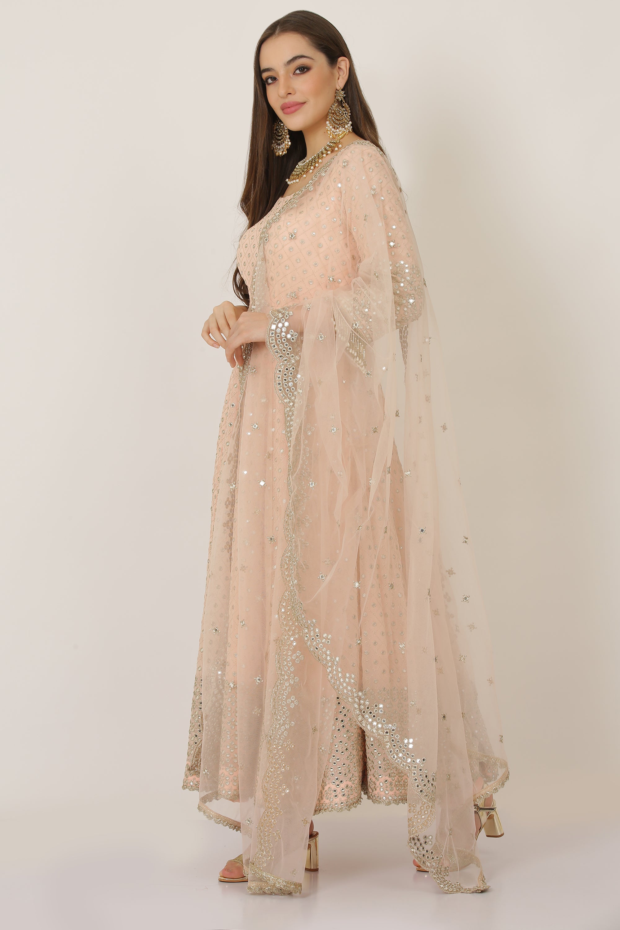 PEACH GOLD MIRROR WORK ANARKALI