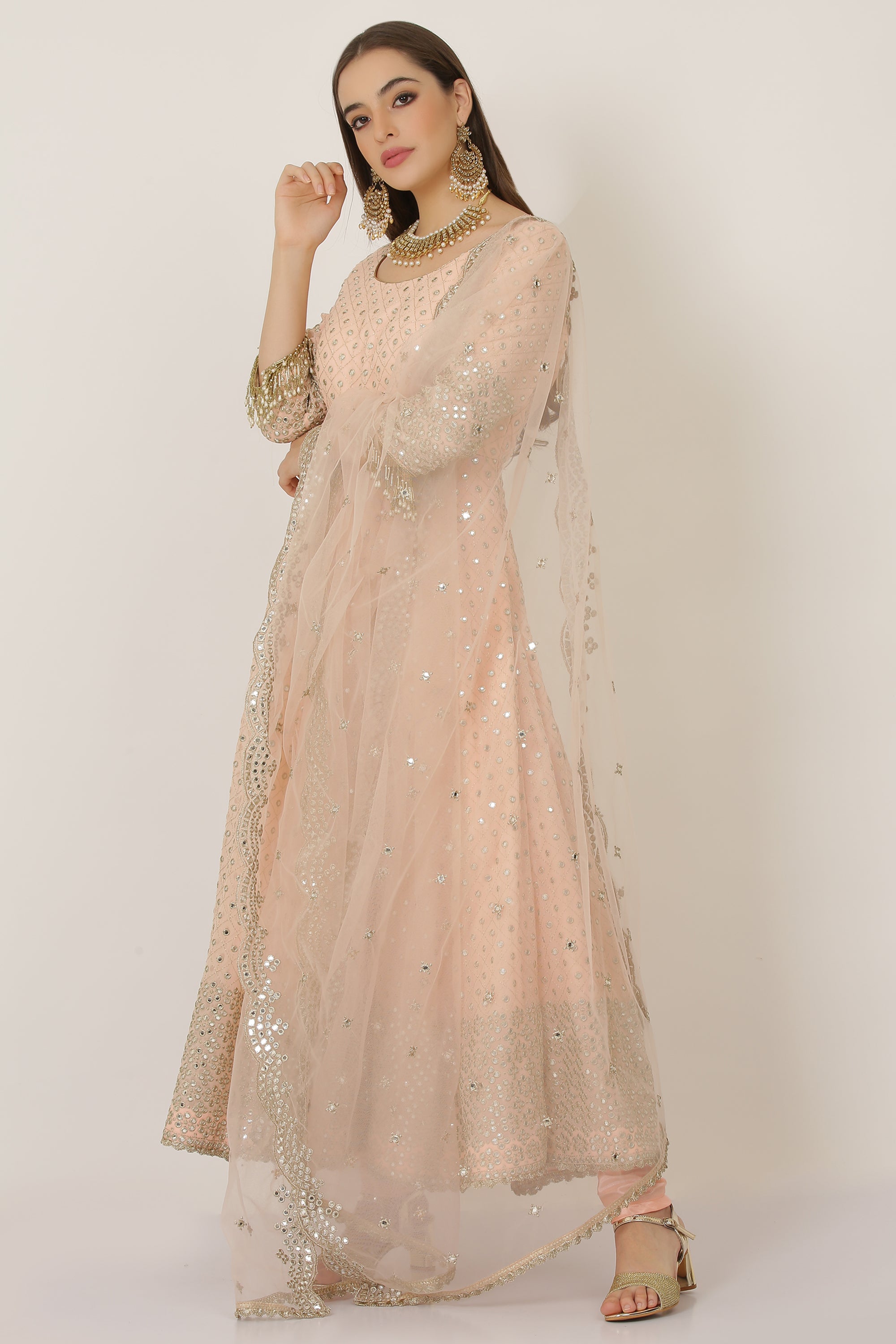 PEACH GOLD MIRROR WORK ANARKALI