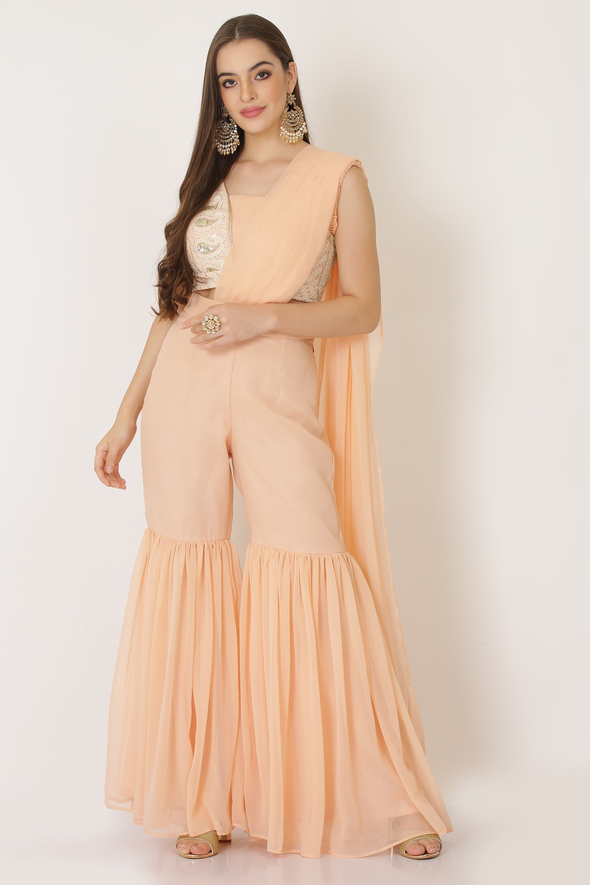 PEACH RUFFLE EMBROIDED INDOWESTERN GHARARA SET