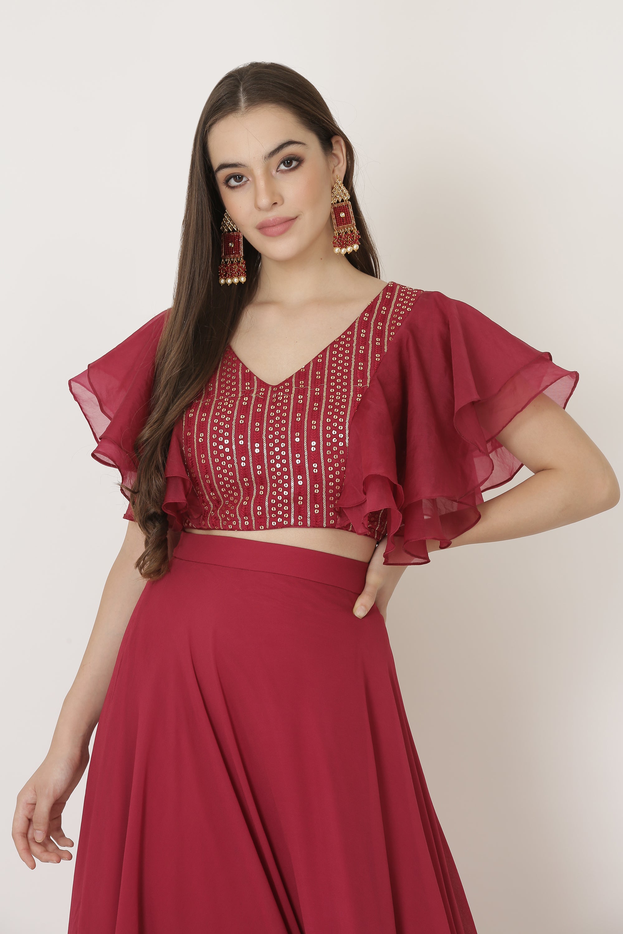 MAROON FRILL SLEEVE BLOUSE WITH SKIRT