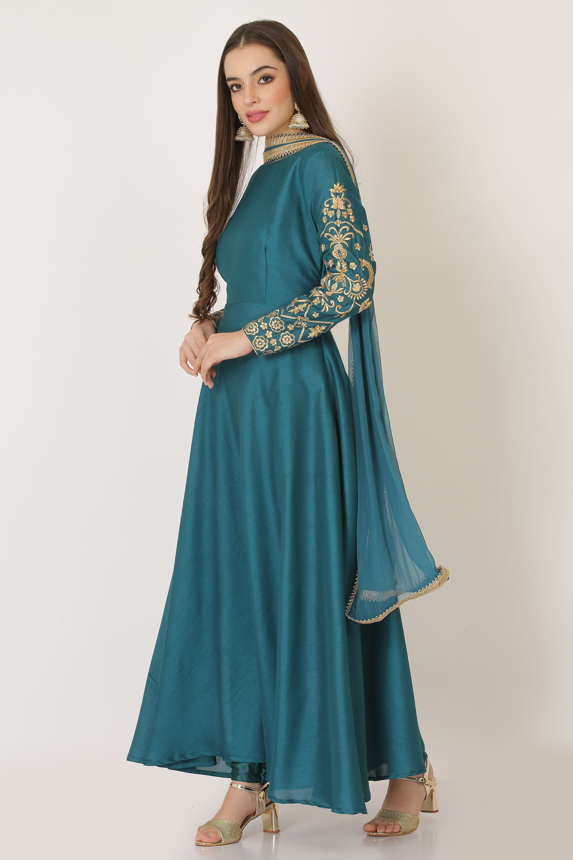 TEAL GREEN BIAS EMBROIDED DRESS