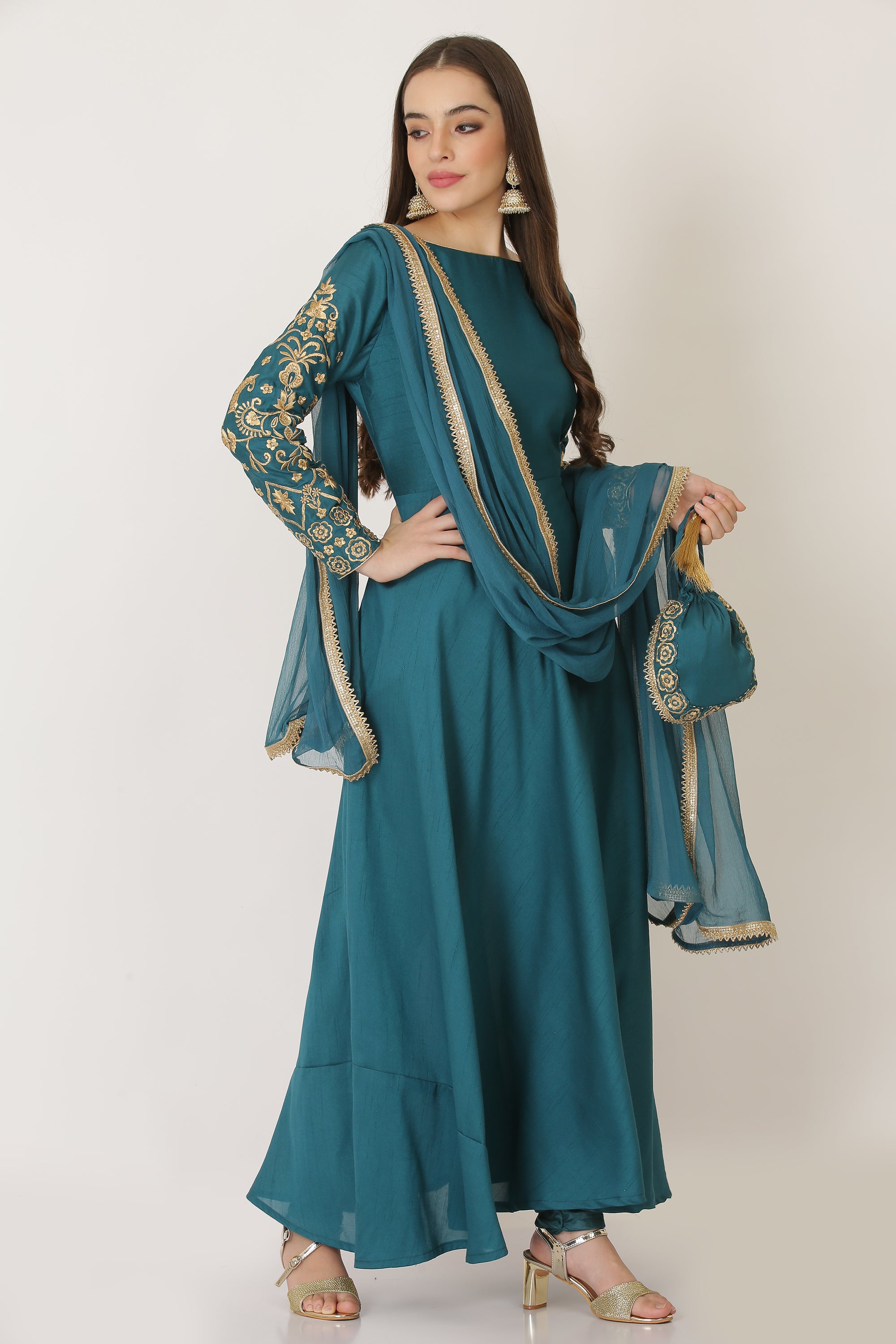 TEAL GREEN BIAS EMBROIDED DRESS