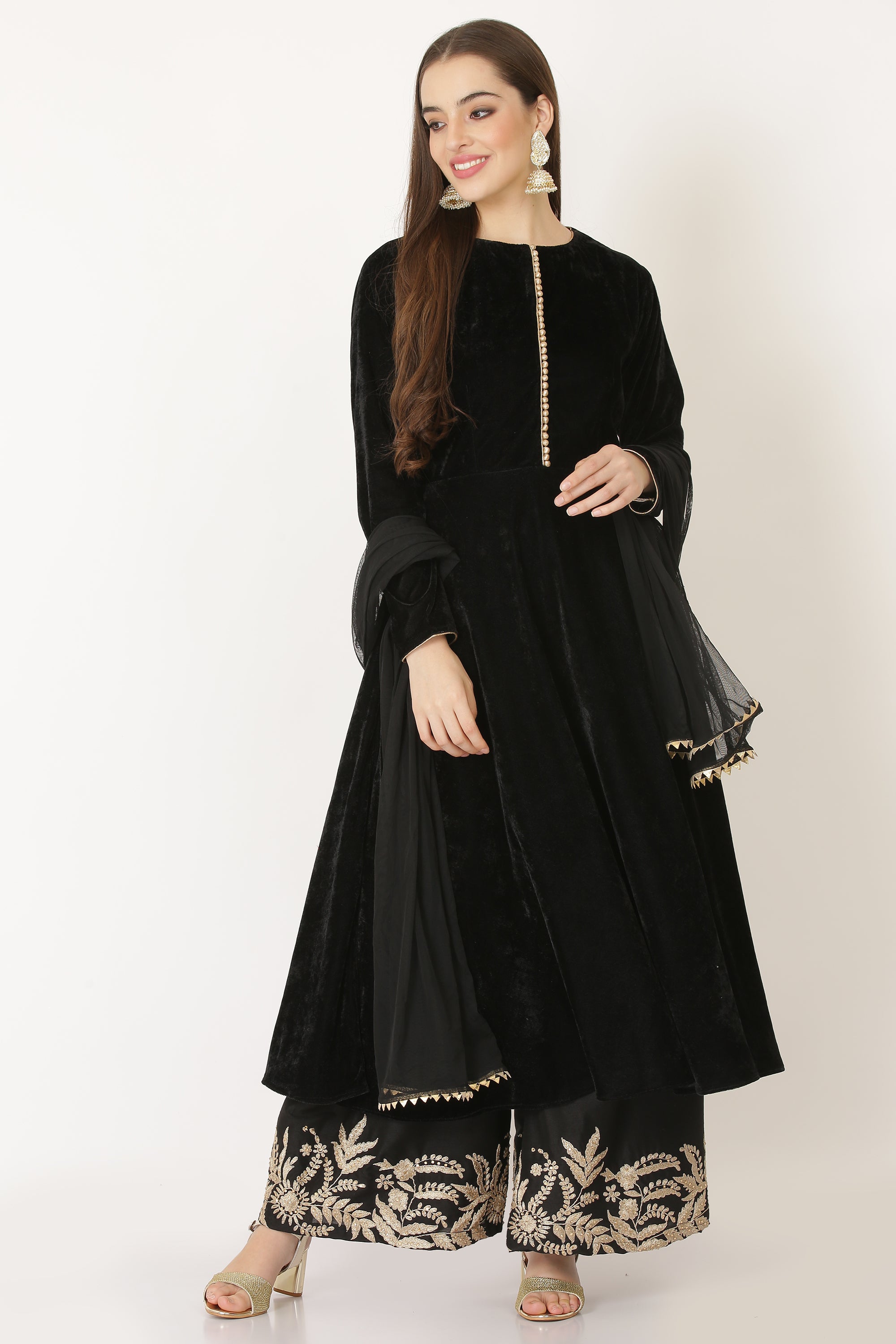 BLACK VELVET  BIAS DRESS WITH EMBROIDED PLAZZO