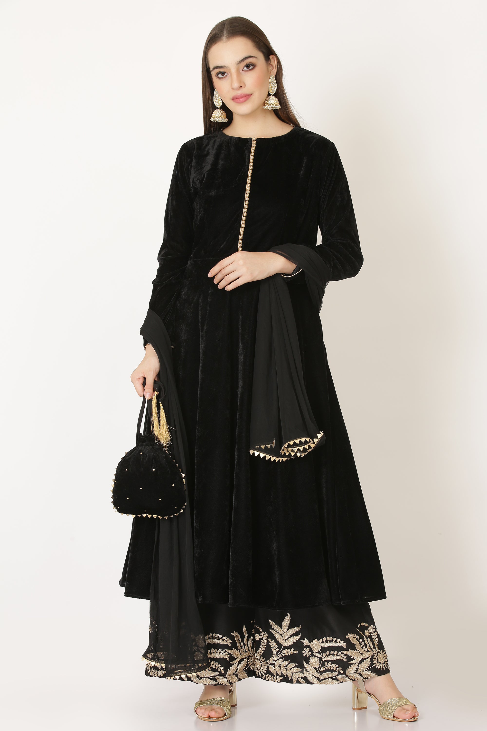 BLACK VELVET  BIAS DRESS WITH EMBROIDED PLAZZO