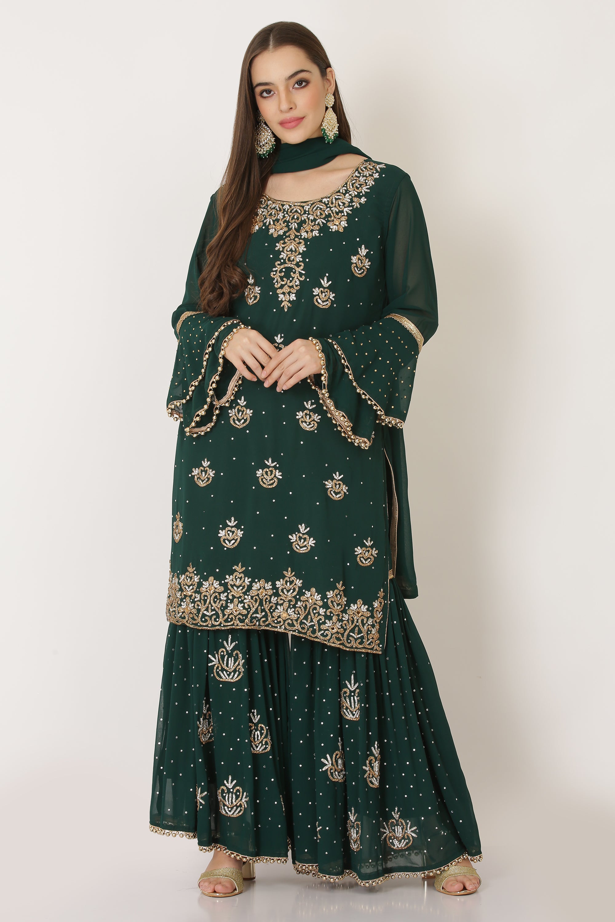 bottle green sharara dress Royal Bottle Green Pakistani Wedding Dress Kameez Sharara Nameera by Farooq