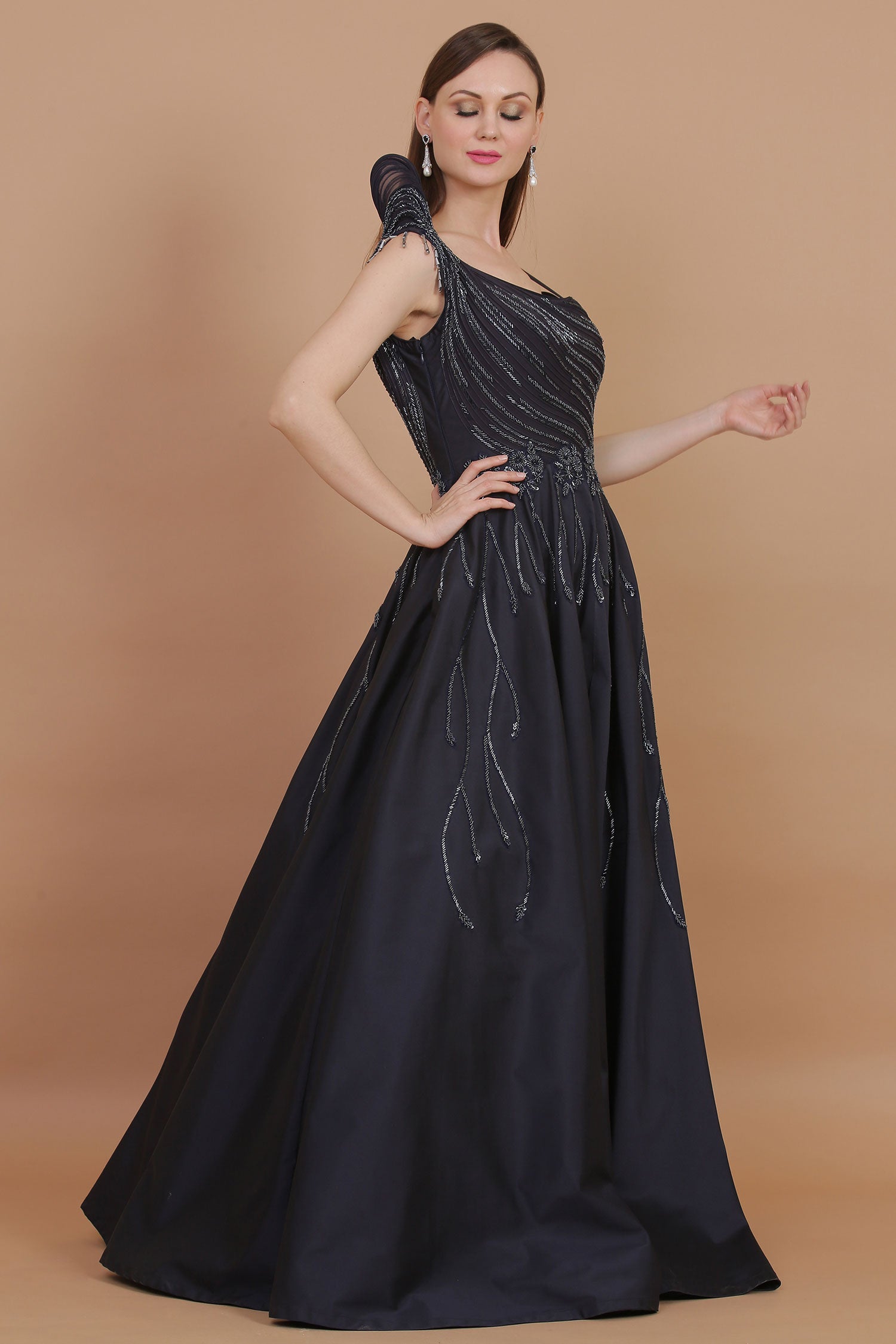 Midnight Blue Gown Embellished With Hand Embroidery