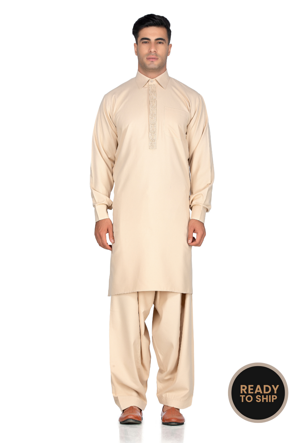 Comortable soft beige kurta salwar with shirt collar