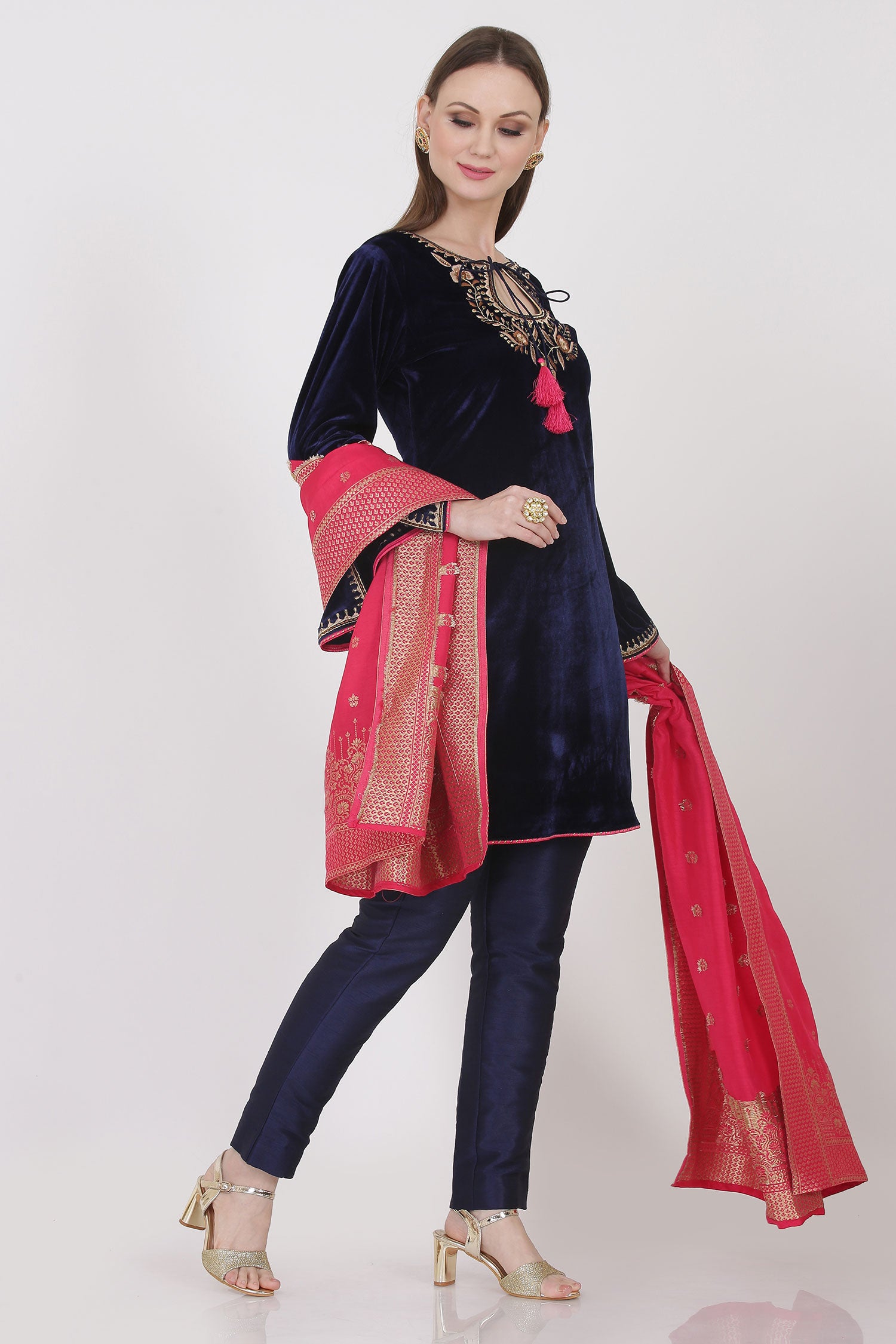 Velvet Suit With Silk Trousers And Silk Dupatta