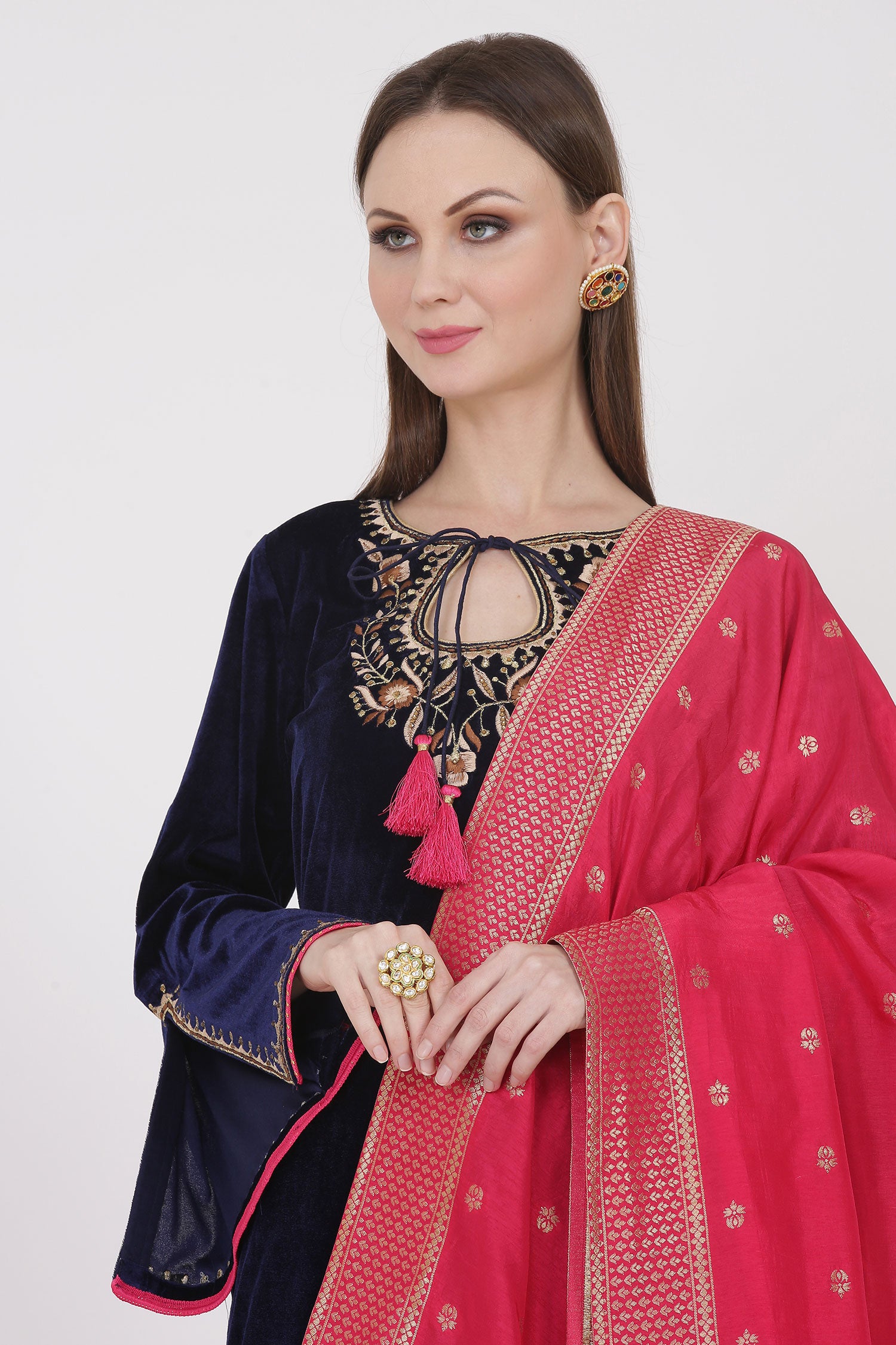Velvet Suit With Silk Trousers And Silk Dupatta