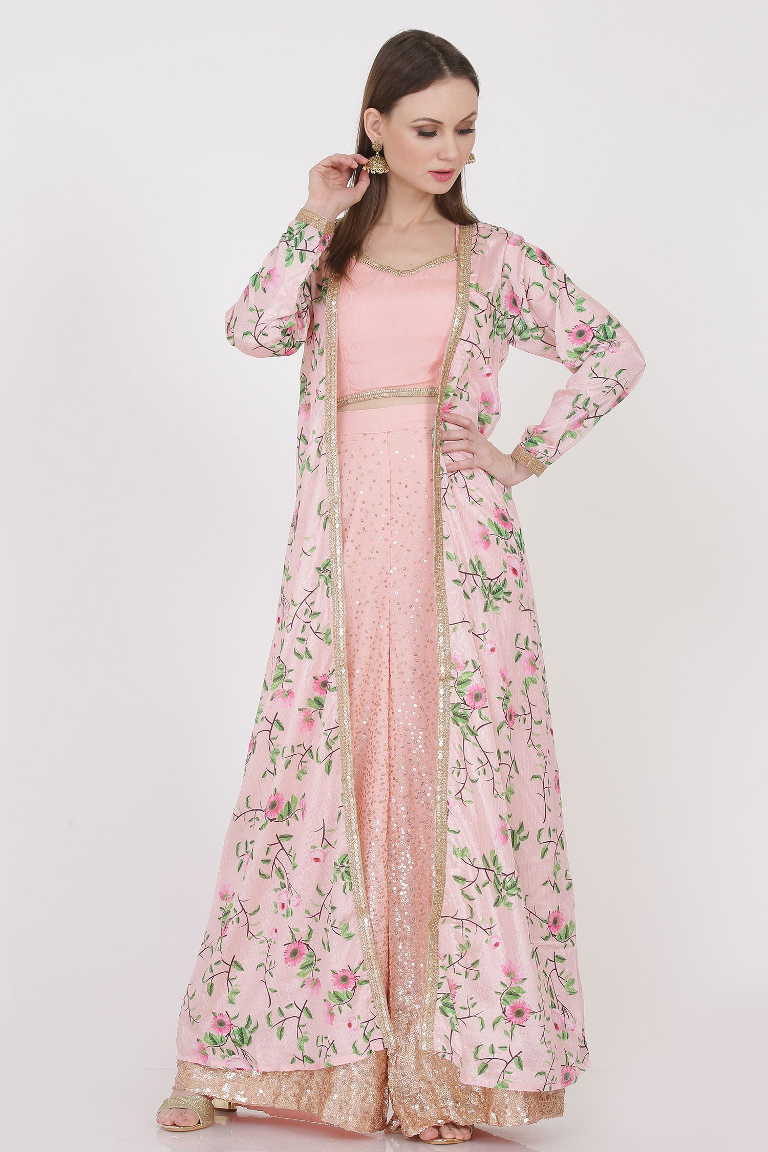 Crop Top Palazzo Set With Floral Jacket