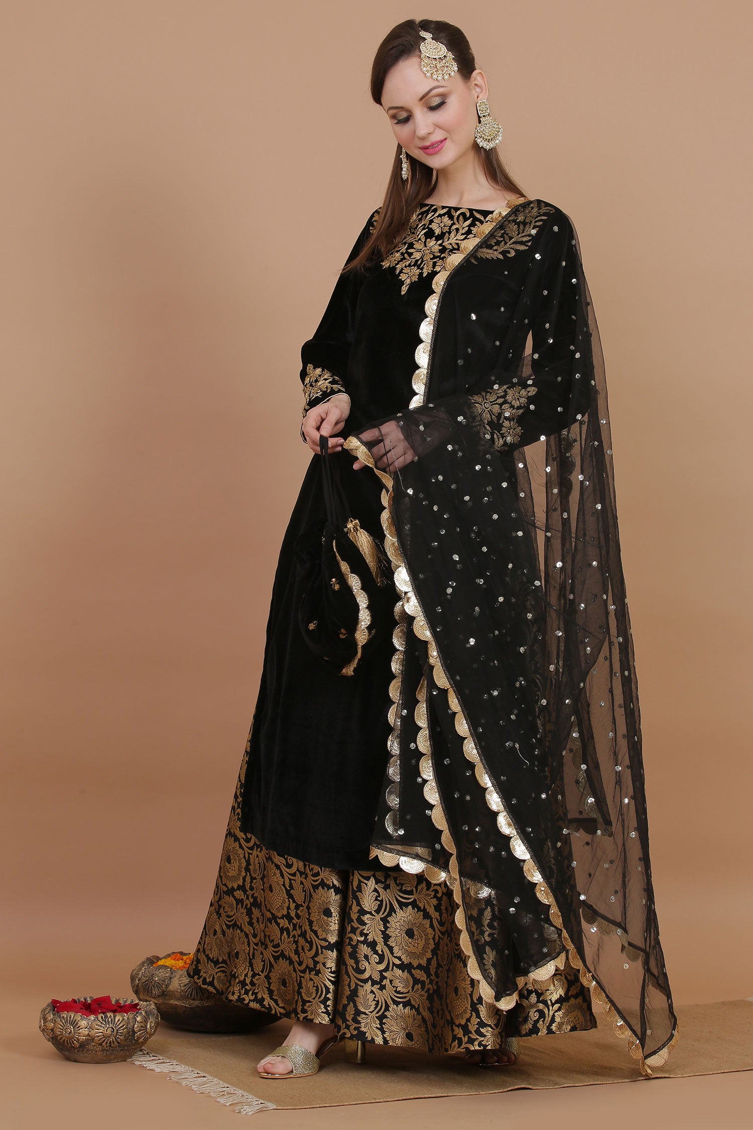 Black Velvet Shirt With Brocade Skirt And Dupatta