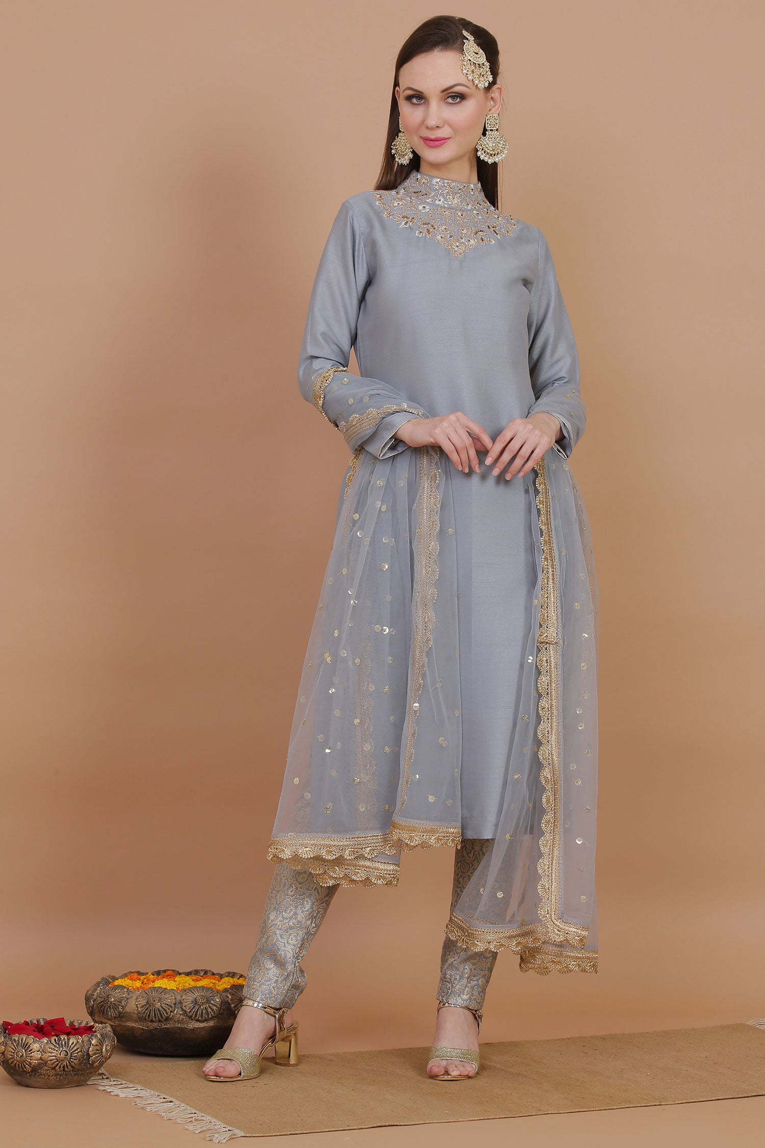 Grey Silk Shirt With Royal Brocade Trouser And Net Embroidered Dupatta