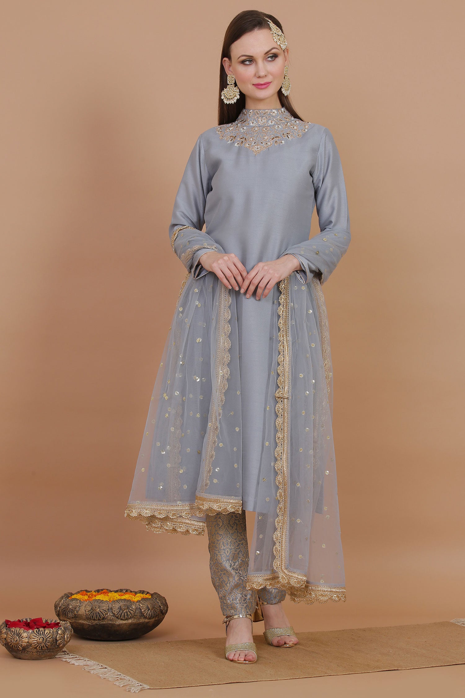 Grey Silk Shirt With Royal Brocade Trouser And Net Embroidered Dupatta