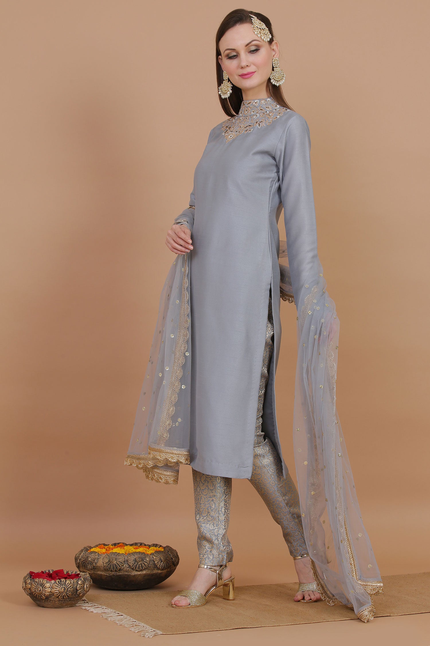 Grey Silk Shirt With Royal Brocade Trouser And Net Embroidered Dupatta
