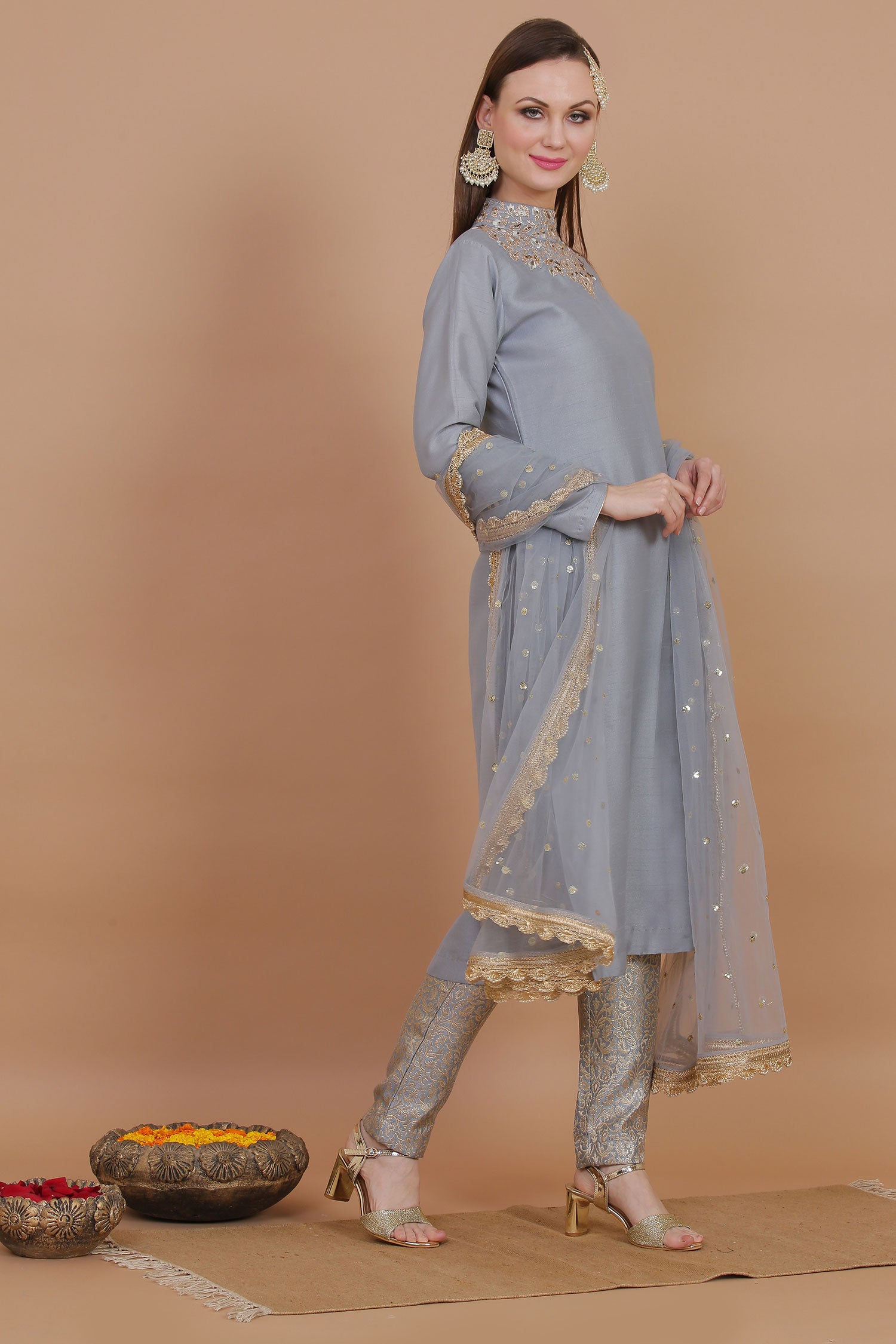 Grey Silk Shirt With Royal Brocade Trouser And Net Embroidered Dupatta