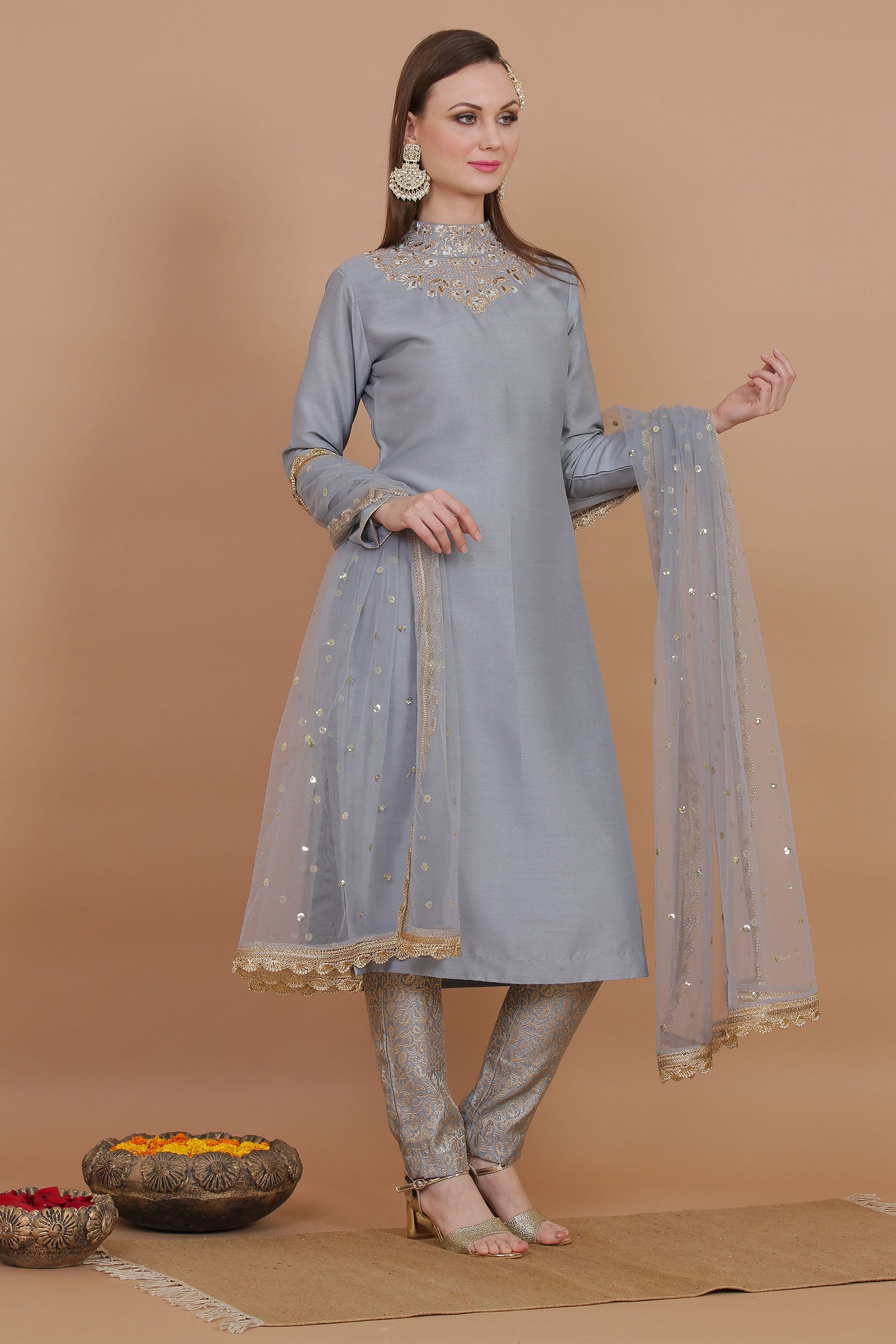 Grey Silk Shirt With Royal Brocade Trouser And Net Embroidered Dupatta