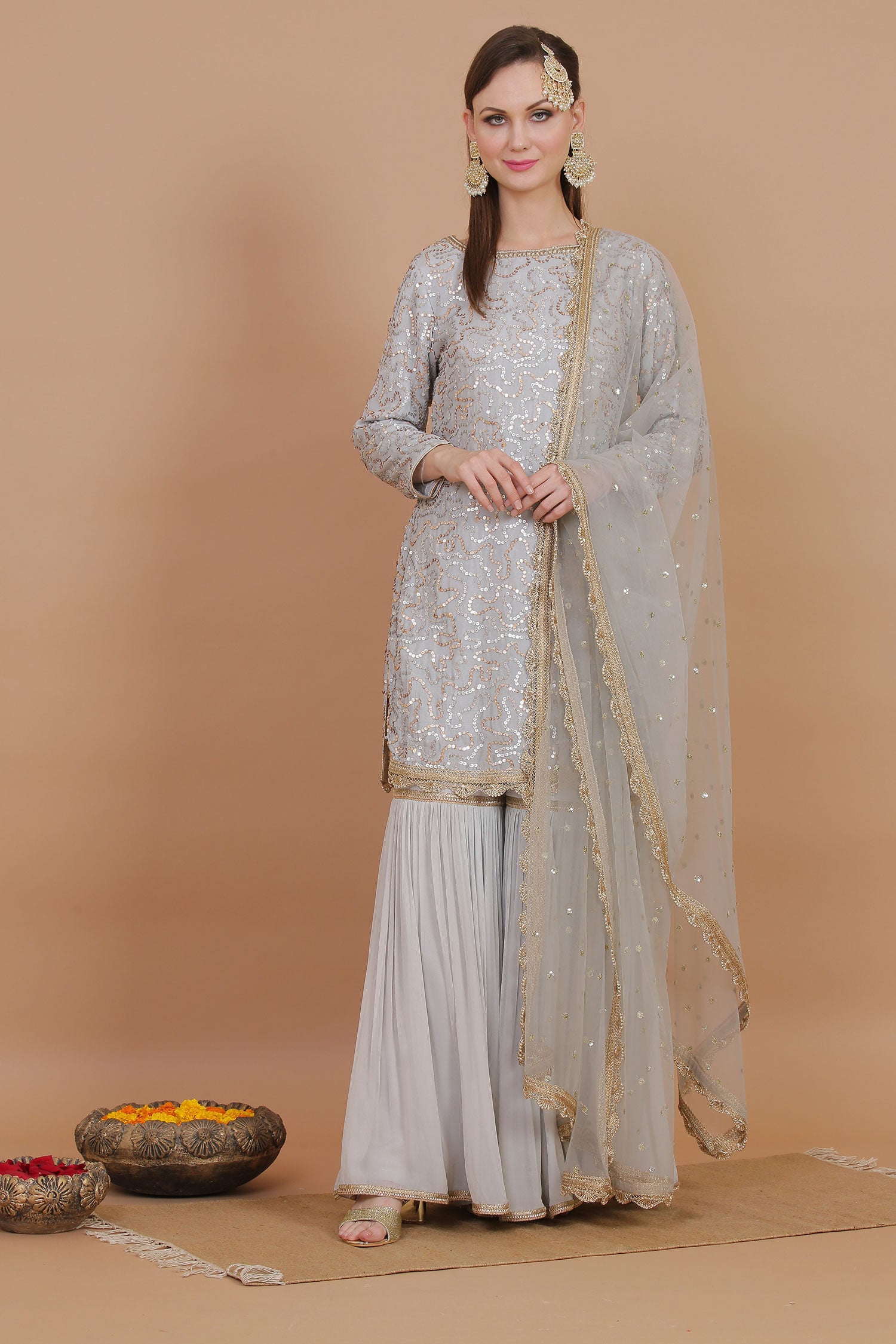 Grey Gold Sequined Embroidered Gharara Suit