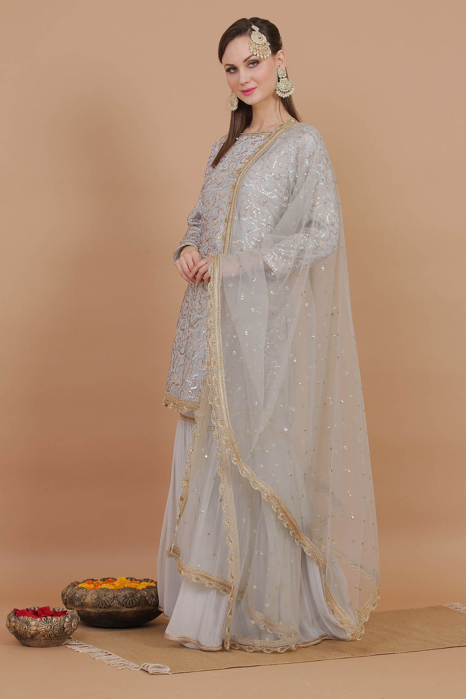 Grey Gold Sequined Embroidered Gharara Suit