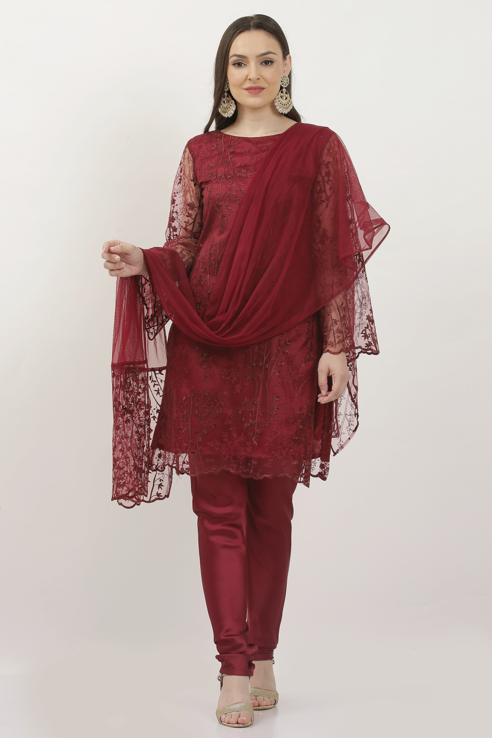 LACE PAKISTANI SUIT IN MAROON WITH PYJAMI
