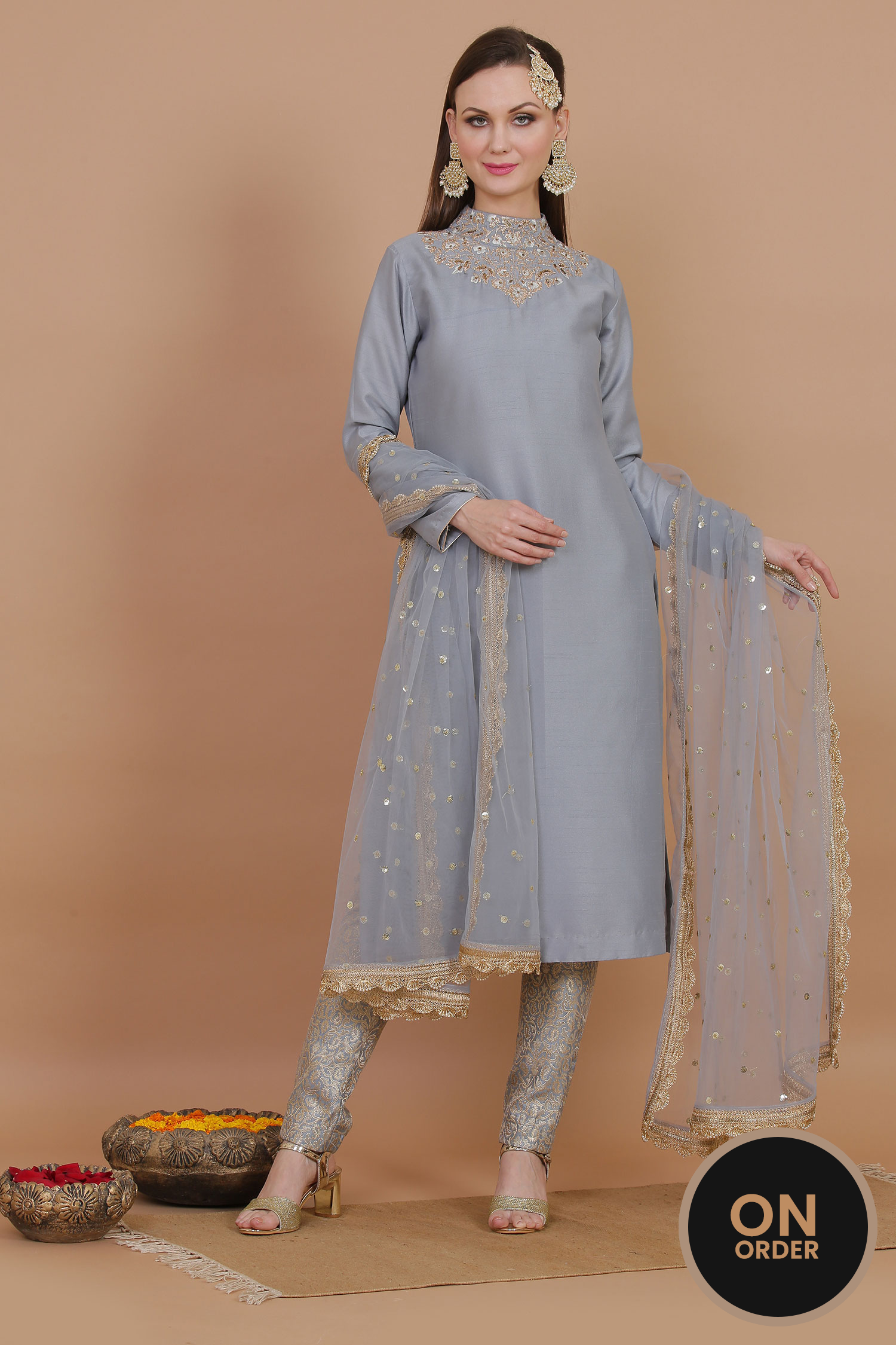 Grey Silk Shirt With Royal Brocade Trouser And Net Embroidered Dupatta